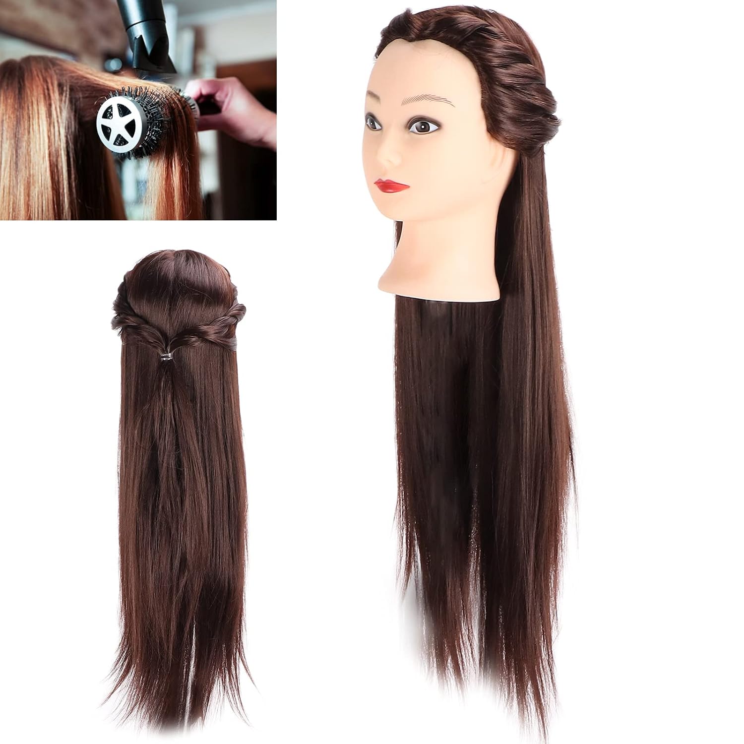 Mannequin Head Hair Mannequin Head – Dark Brown Hair Braiding Practice with Makeup for Hairdressing Training – High Temperature Synthetic Material