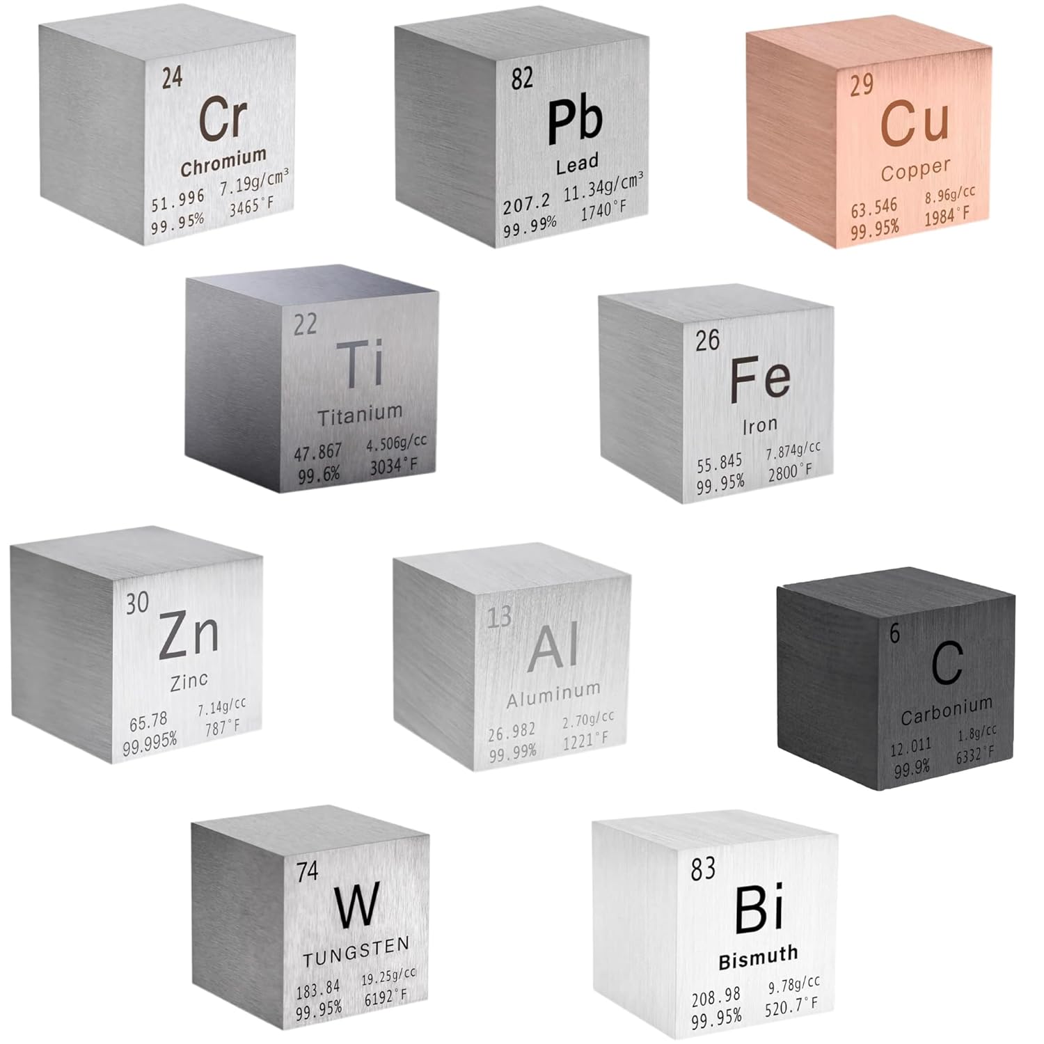 10 Pieces Element Cube Set 1” Tungsten Cube Metal, Periodic-Table of Elements, 99.95% Purity, Laser Engraved, Tungsten Carbon Bismuth Chromium Iron for Teaching, Gift, Collection