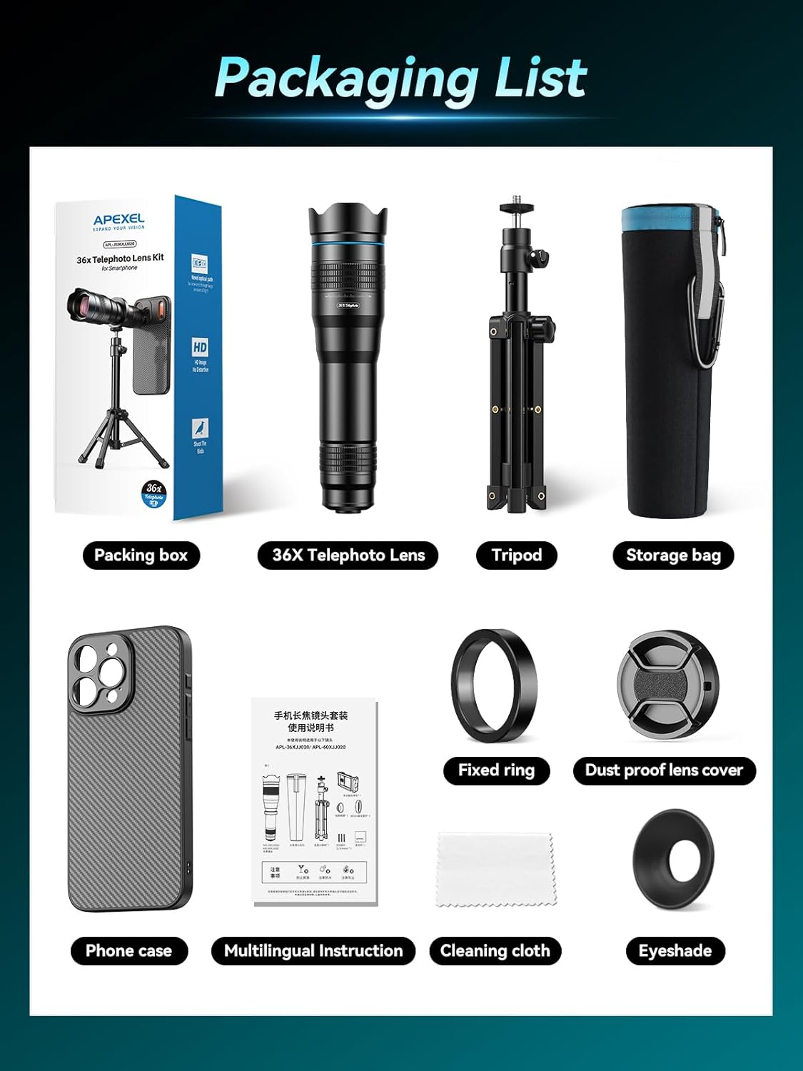 APEXEL 36x Telephoto Lens Compatible with iPhone 15 Pro Max | Photography for Travel, Birdwatching, Exploration | Kit with Sturdy Metal Tripod and Threaded Phone Case