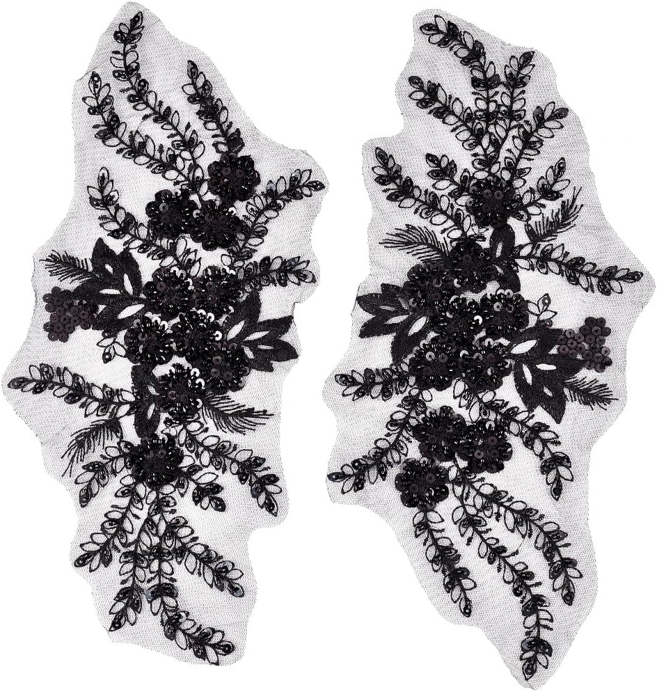 2Pcs 3D Floral Sequin Applique Embroidery Lace Flower Tulle Patches Polyester Sky Blue Beaded Embroidered Sew on Appliques for Sewing Making Wedding Cloth Gown Costumes Embellishment Supply