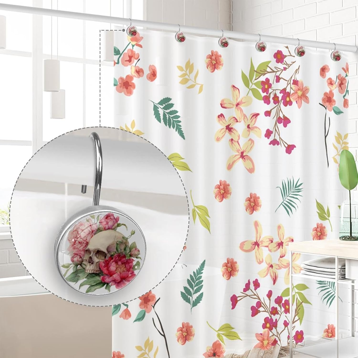 Set of 12 Shower Curtain Hooks, Shower Curtain Rings Crystal Glass Decorative Bathroom Hook, Watercolor Skull and Peonies Flowers (4)