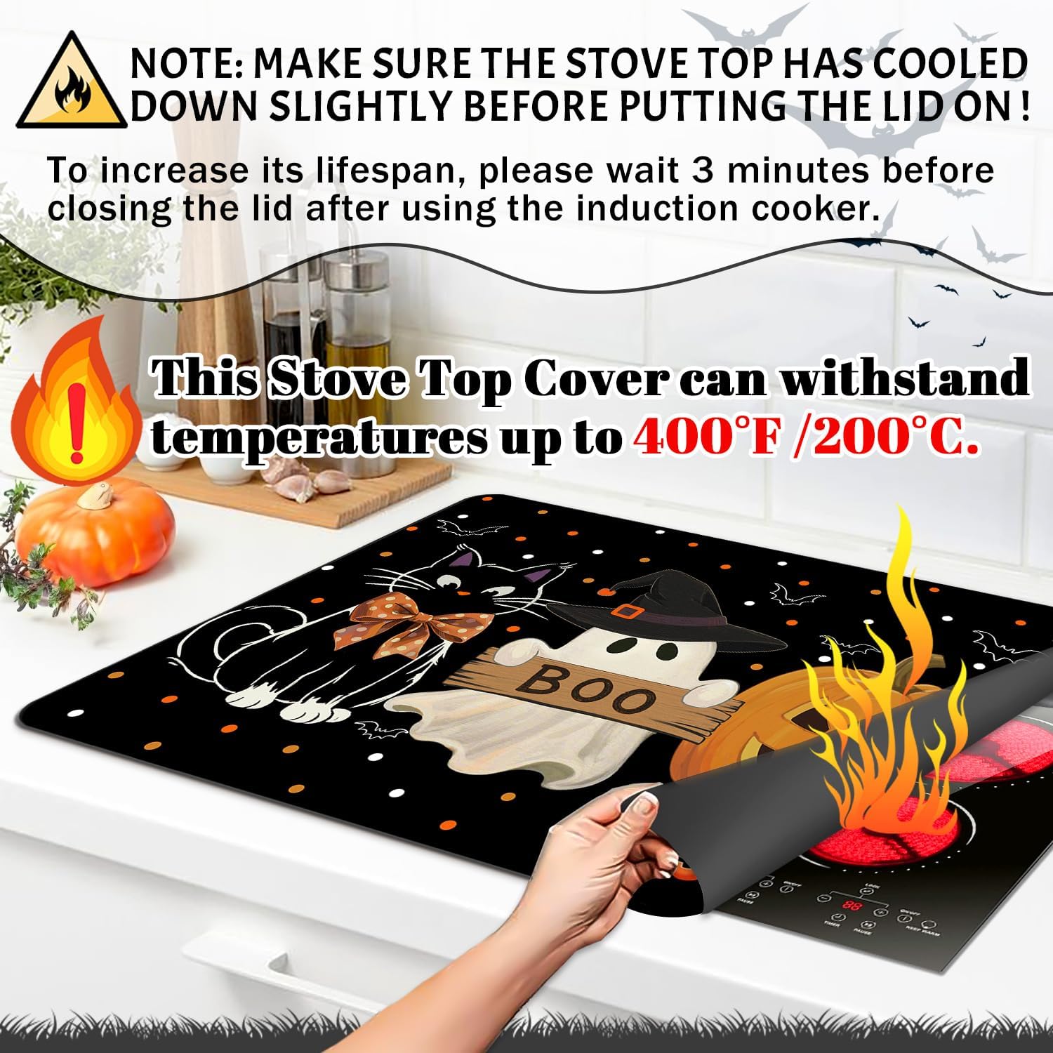 Halloween Stove Top Cover for Electric Stove 28 "x 20 ", Boo Heat Resistant Glass Top Stove Cover Protector, Glass Cooktop Covers, Kitchen Flat Electric Stove Top Covers