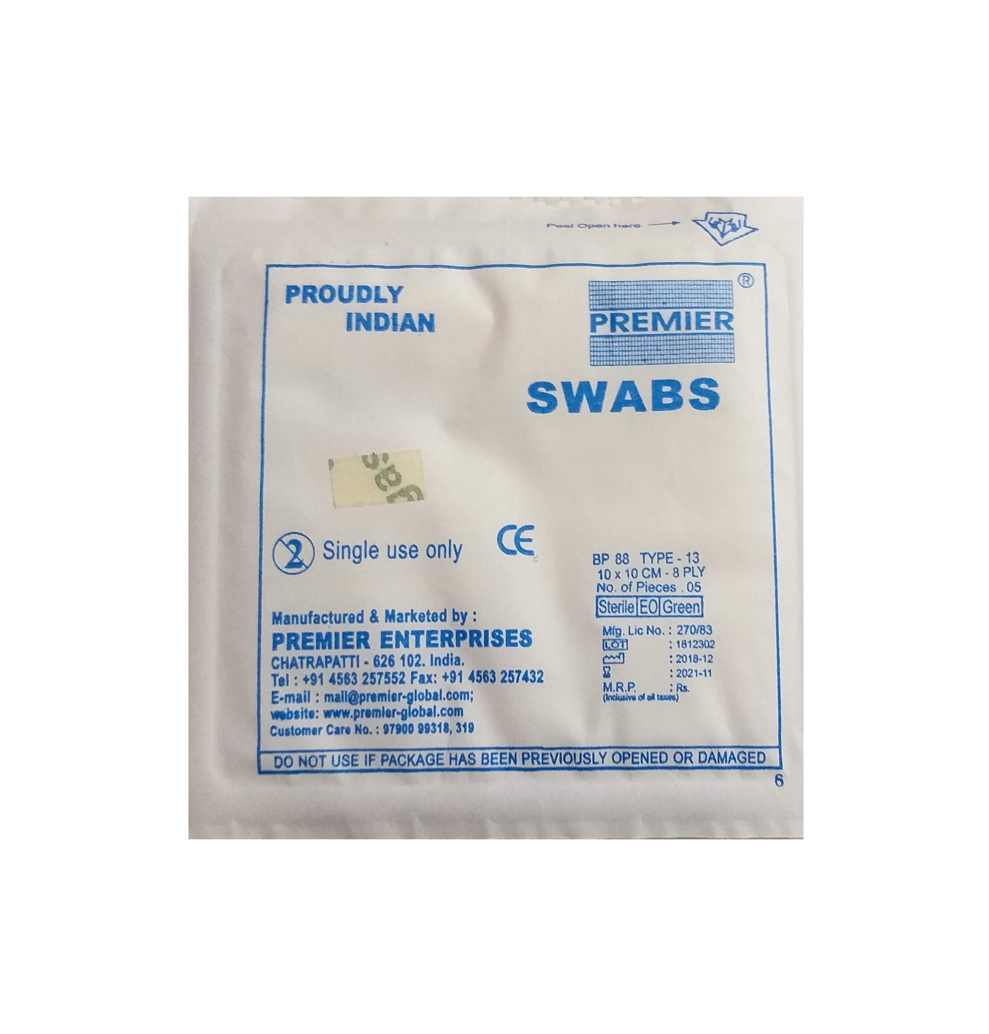 Premier STERILE SWAB | 12 Ply | Pack Of 50 counts (5 pcs x 10 pouches) (10 cm x 10 cm)