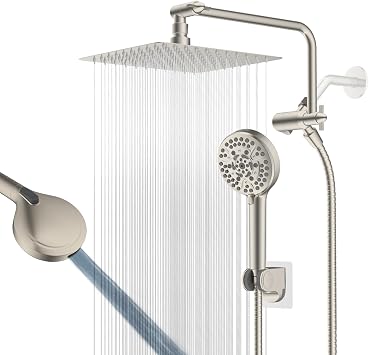 10" Metal Rainfall Shower Head with 10-Mode Handheld, Brushed Nickel | NSF/ANSI/CAN 372 Certified, High Pressure Showerhead Combo with 11" Adjustable Shower Arm, 71" Hose, Shower Head Holder