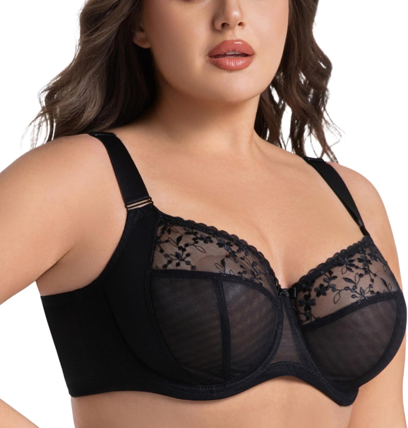 Women's Plus Size Bra Solid Color Embroidered Full Coverage Underwire Unlined Adjustable Straps Bras