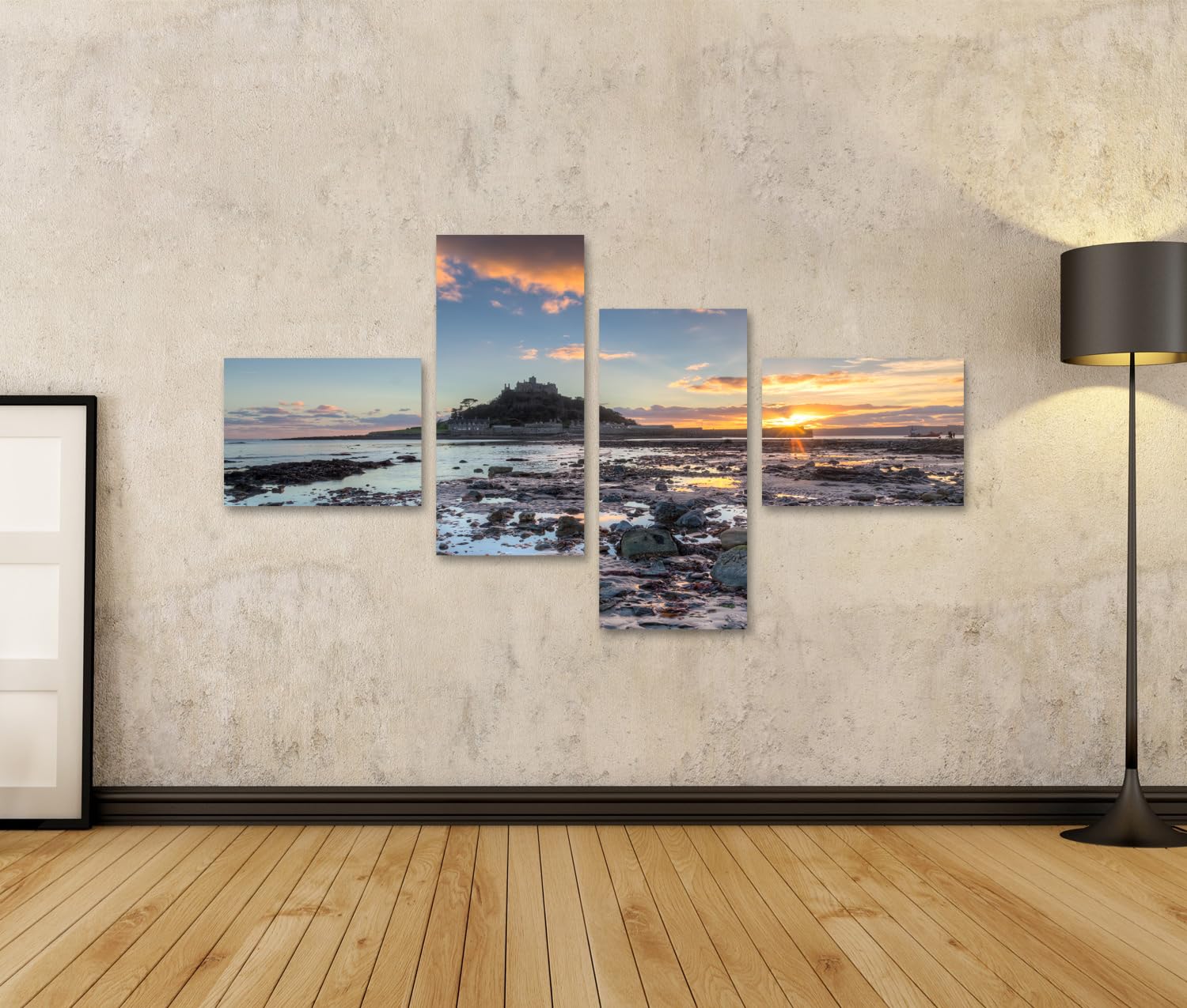 islandburner Bild auf Leinwand Sonnenuntergang über Burg und Meer bei Ebbe Bilder Wandbilder 150x80cm