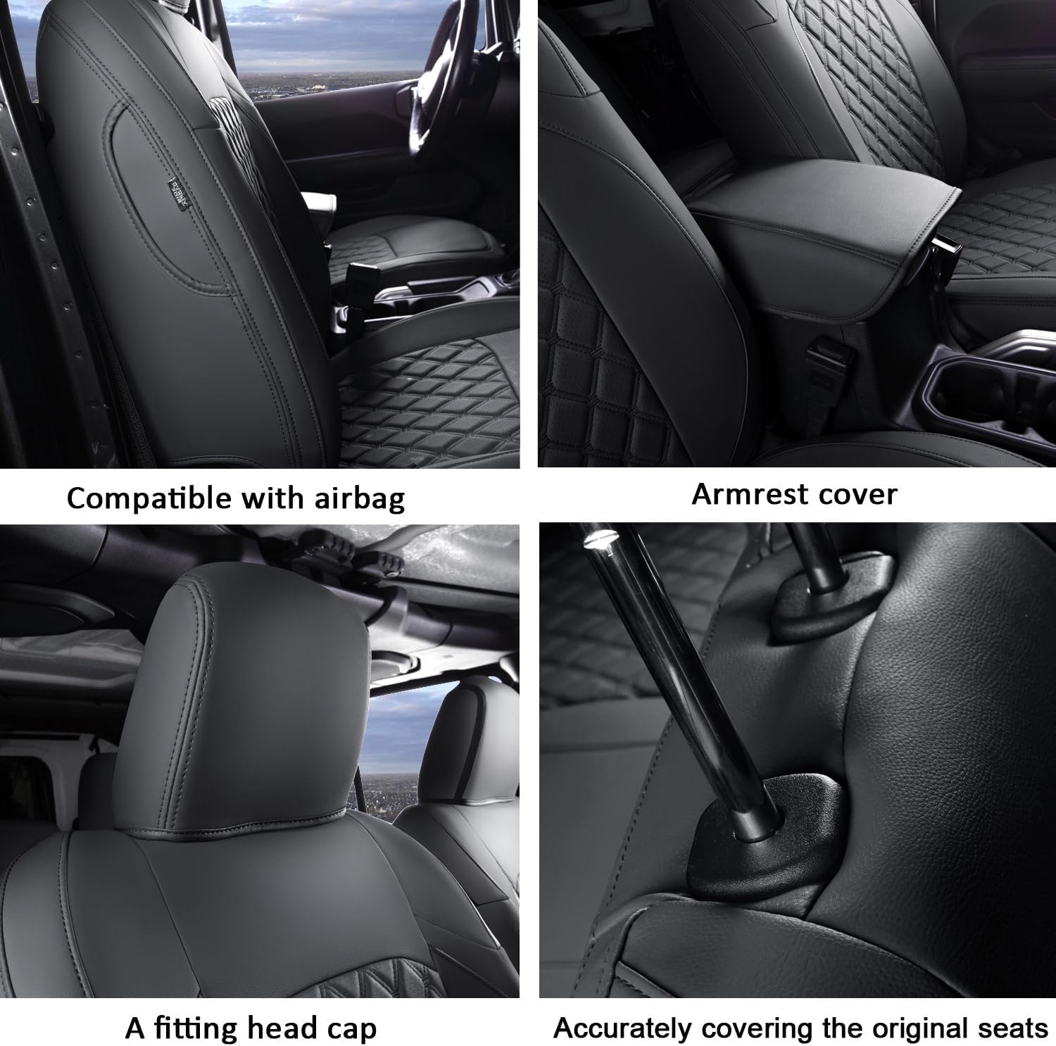 GIANT PANDA Jeep Wrangler 2/4 Door JL 2018-2026 Front Car Seat Covers for Sahara Sport Rubicon Unlimited Willys 4xe,Customized Faux Leather - (Black)