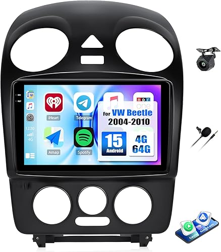 4+64G Android 15 Estéreo de coche para VW Beetle 2004-2010 con Carplay inalámbrico Android Auto, 9 pulgadas 1280 * 720P IPS pantalla táctil