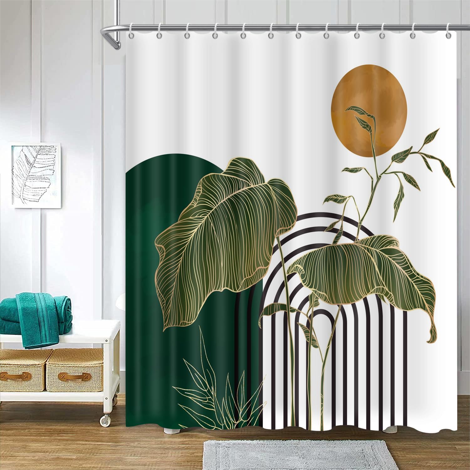ChloropLastid Abstract Boho Shower Curtain for Bathroom Decor Modern Tropical Plant Botanical Palm Leaf Decor Mid Century Black Bathroom Decor Waterproof Fabric with Hooks 72x84 inch