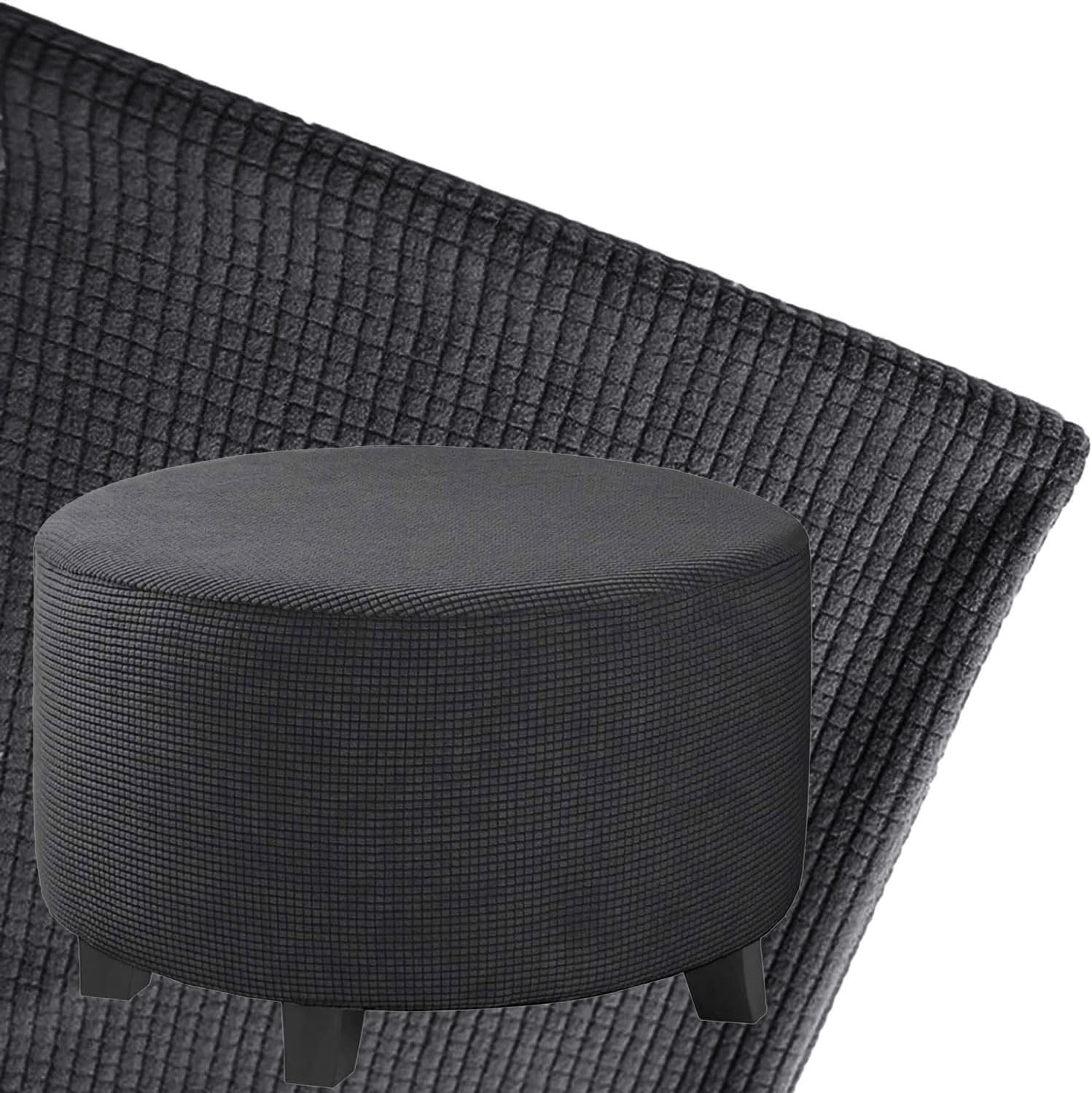 Custom Ottoman Cover Round Small-Large, Stretch Ottoman Slipcover, Storage Stool Covers, Furniture Protector for Footrest Footstool Hassock Pouf with Elastic Bottom(Fleece - Black,D-65cm/26)
