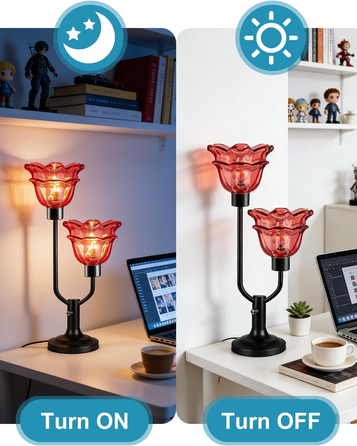 Lightdot Mid Century Modern Flower Table Lamp Dimmable Nightstand Lamp Red Glass Vintage Black Desk Lamp 2 Bulbs Included Warmwhite Ambient Bedside Lamps for Living Room Bedroom Home Office Decor Gift