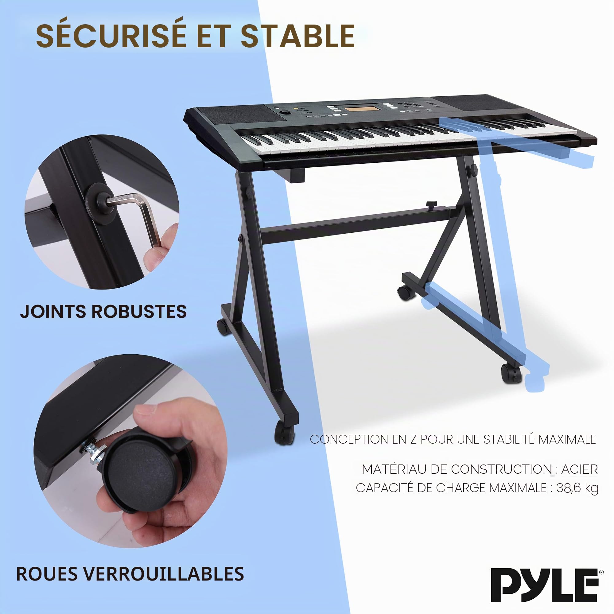 PYLE Support Clavier Universel , Forme de Z Robuste, Support Piano Portable avec Hauteur et Largeur Réglables, Roulettes Verrouillables (Noir)