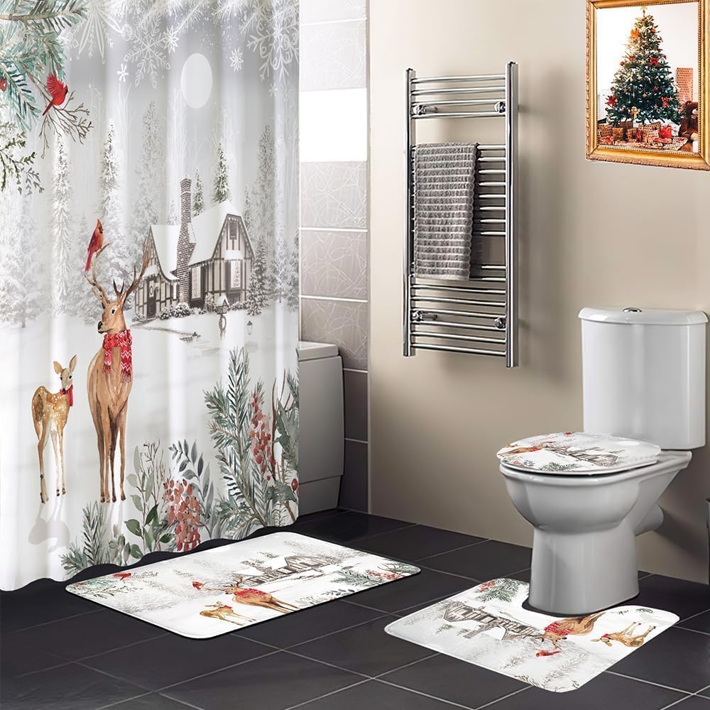 Baccessor 4 Pcs Merry Christmas 72x72 Inch Shower Curtain Set,Christmas Winter Shower Curtain with Hooks, Non-Slip Rug, Bath Mat and Toilet Lid Cover Sets Winter Xmas Holiday New Year Bathroom Decor
