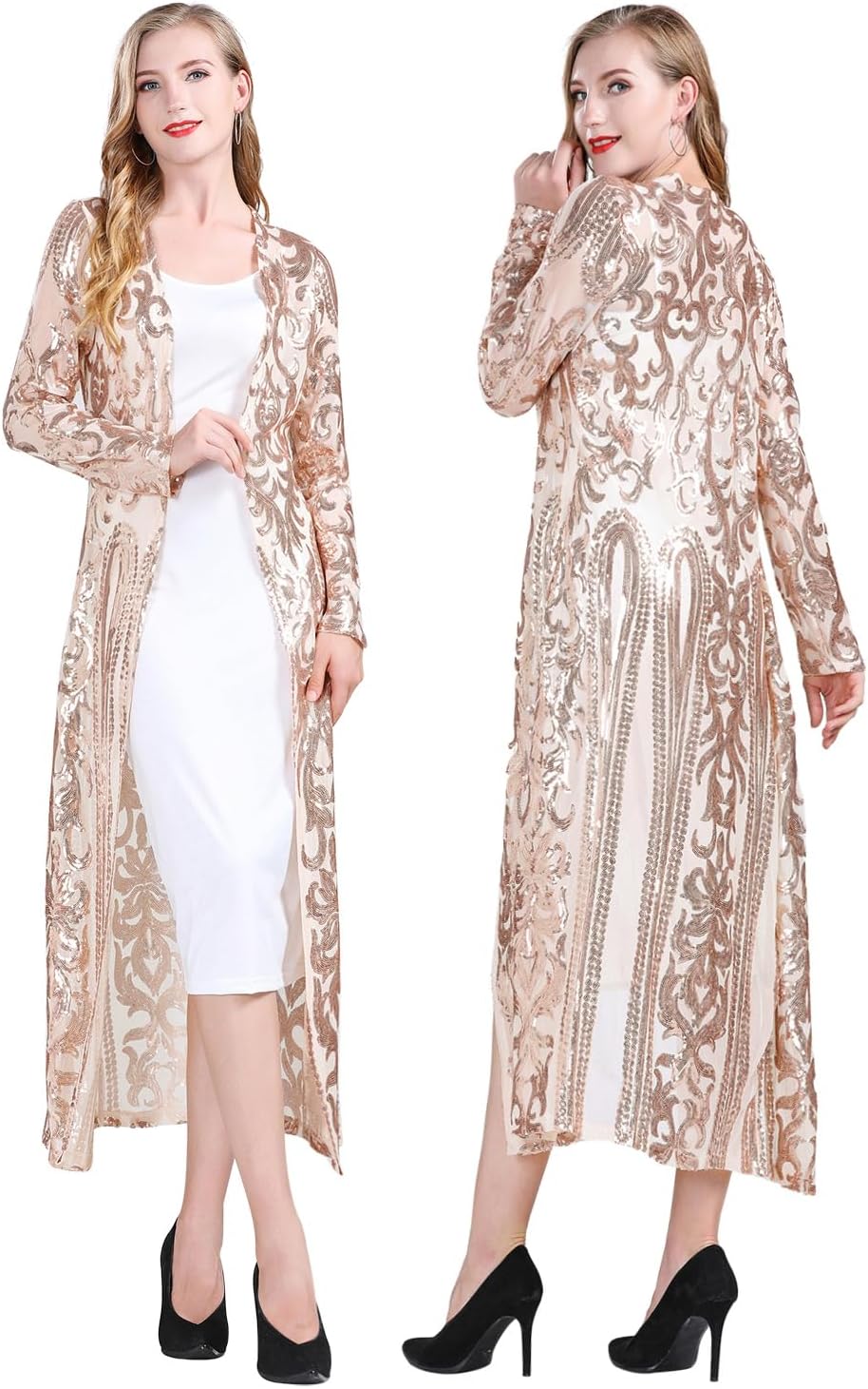 Z&X Women's Sparkling Sequin 1920s Cover Up Loose Open Front Long Sleeve Cardigan Coat Dress for Evening Party