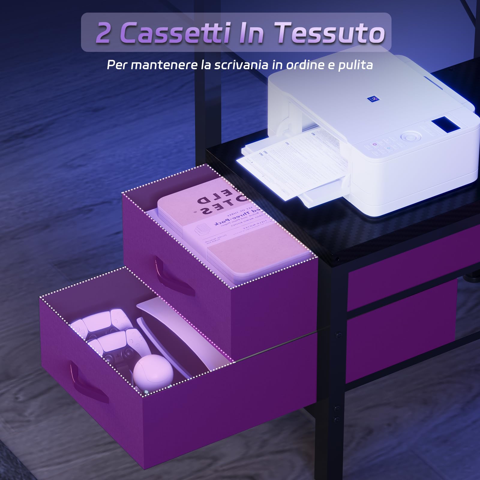 Devoko Scrivania Da Gaming Angolare Con LED E Prese, 120 cm, Arredamento Per Ufficio, Con Ganci E 2 Cassetti In Tessuto, Ideale Per il Telelavoro E I Videogiochi, Nera | Con ganci e 2 cassetti in tessuto, Perfetta per telelavoro e videogiochi