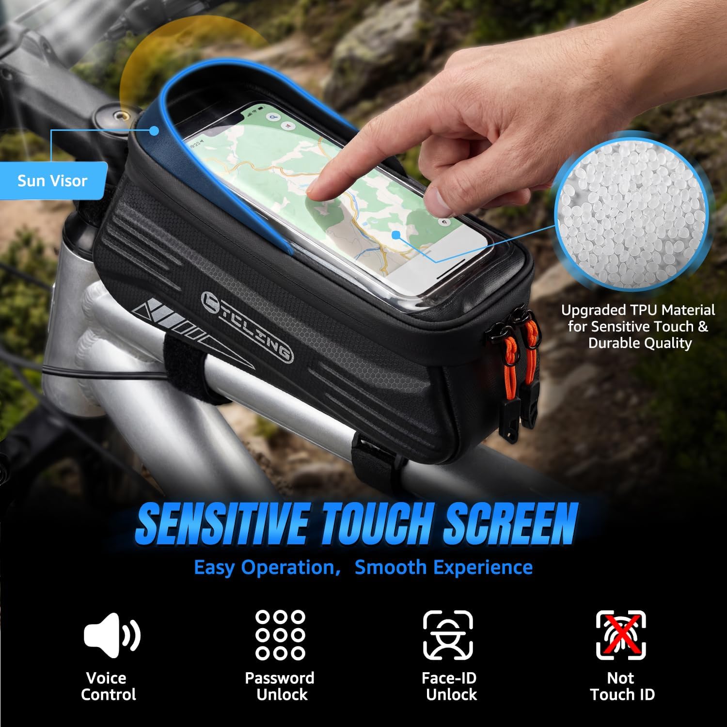 WOTOW Bike Frame Bag - Waterproof Bicycle Top Tube Bag with TPU Sensitive Touch Screen & 1.9L Capacity, EVA Hard Shell Phone Holder Mount Bag, Compatible with 4.7-7" Phones with Case
