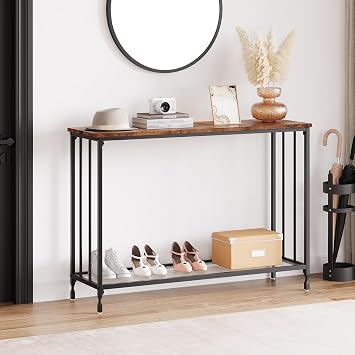 41.3 Inch Entryway Table, Console Table with Glass Shelf & Metal Frame, 2-Tier Narrow Entryway Table, Industrial Modern Sofa Table for Living Room, Hallway, Foyer, Bedroom, Rustic Brown