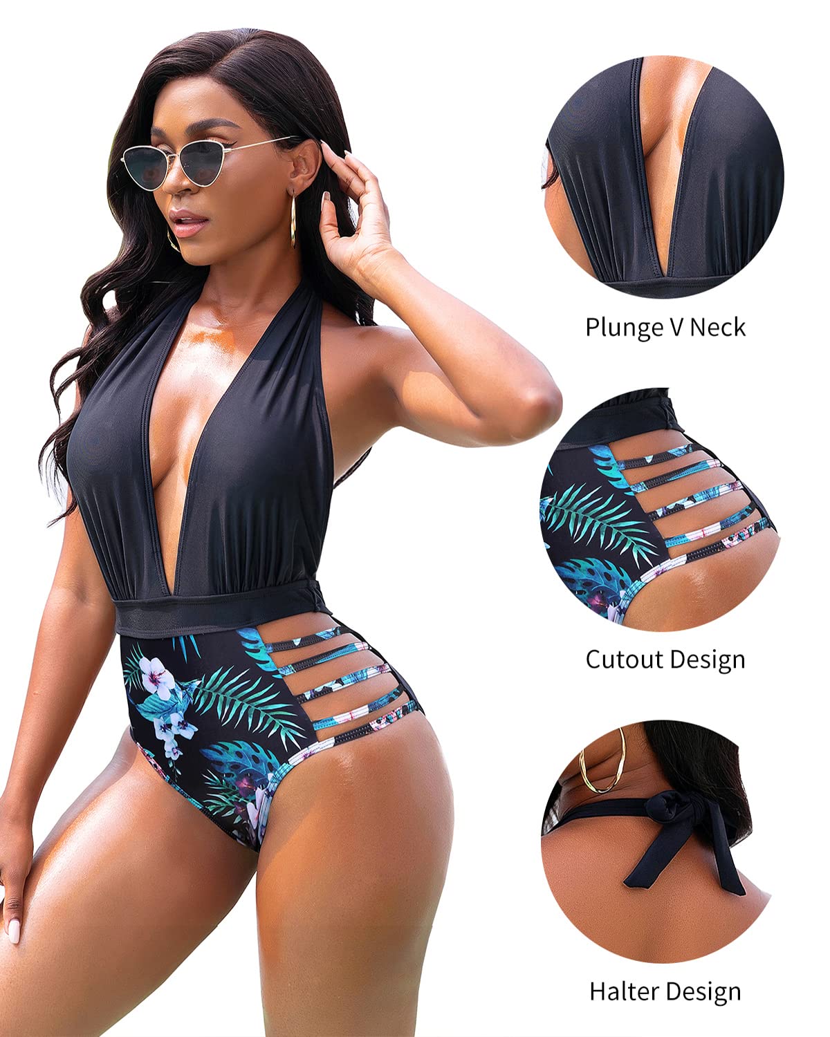 Aqua Eve Women Sexy One Piece Swimsuits Halter Plunge V Neck Cutout Bathing Suits