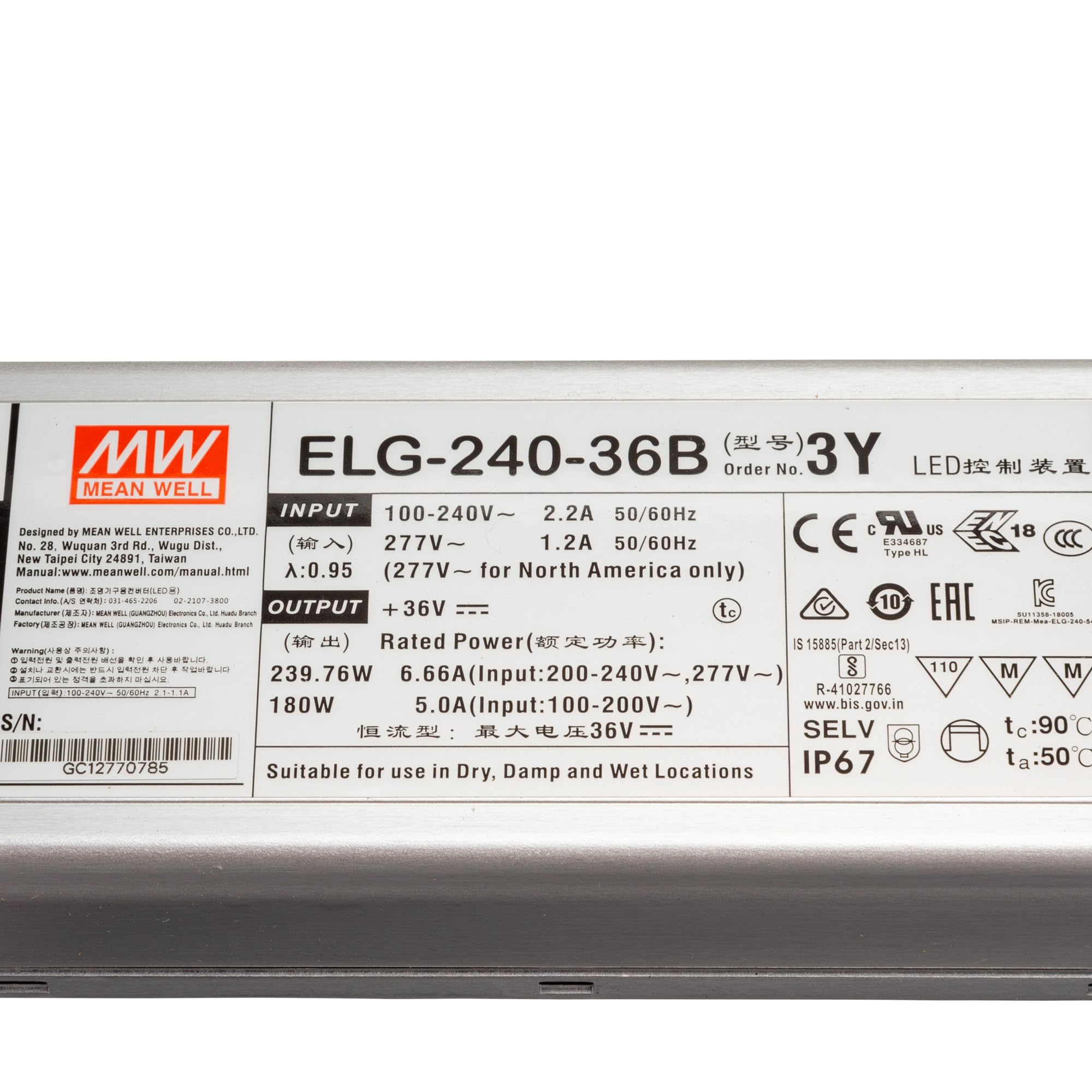 Mean Well ELG-240-36B-3Y - Trasformatore LED a tensione costante, 239,82 W, 6,66 A, 18-3