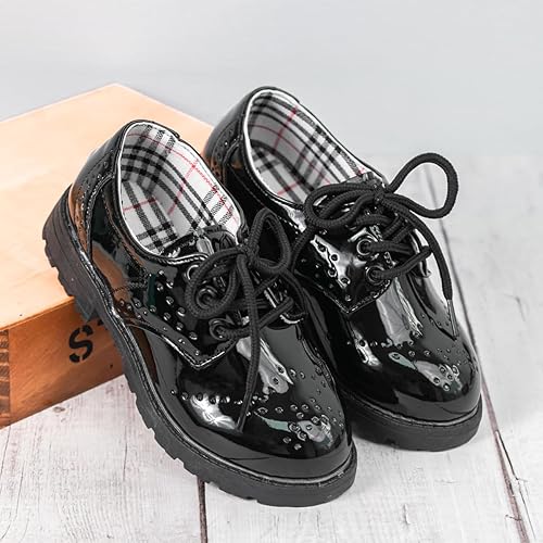 Miniatura 5 de KIDSUN Zapatos de vestir para niño y niña, cómodos zapatos Oxford con cordones para uniforme escolar, mocasines planos (bebéniño pequeño) E-negro