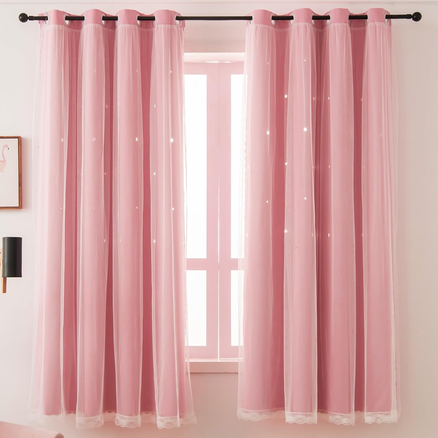 Pink Curtains for Girls Room- Aesthetic Star Cutout Blackout Double Layer with Sheer Overlay, 63 Inch Length 2 Panels Kids Bedroom Curtain Cute Nursery Decor Drapes