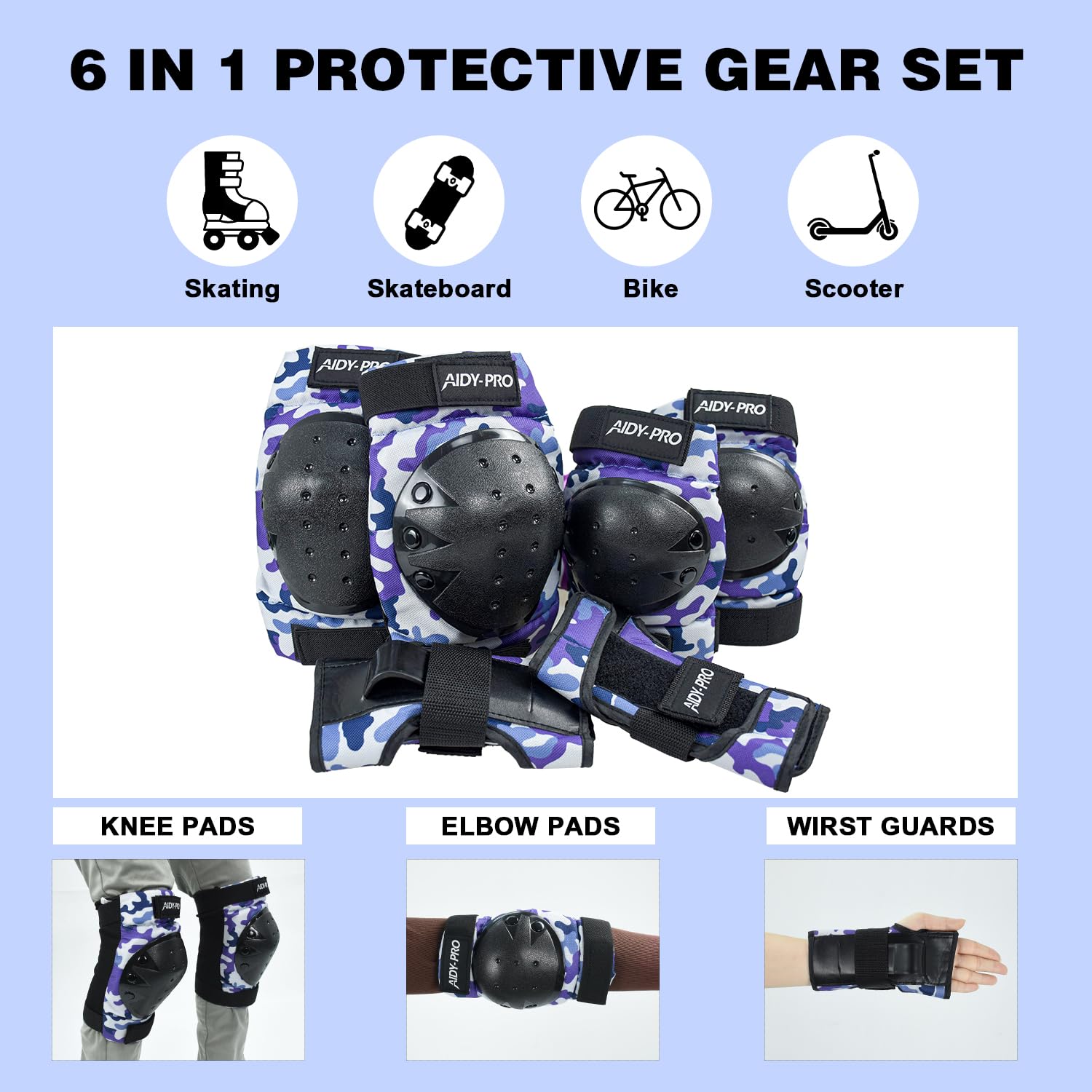 Juego de rodilleras y coderas para niños, equipo de protección para monopatín, 6 en 1, protectores de muñeca para niños, para patinaje, patinaje, ciclismo, azul 2