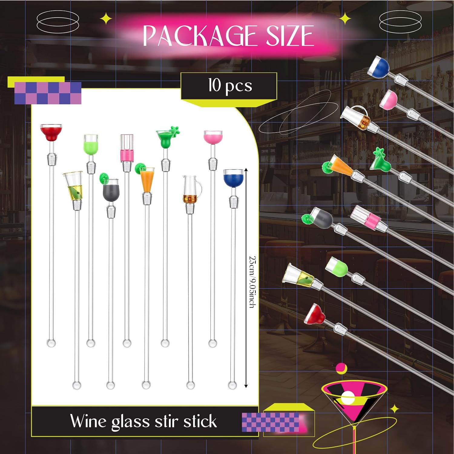 Domensi 10 Pcs Swizzle Sticks Cocktail Artistics Wine glass Top Plastic Beverage Stirrers Crystal Colorful Swizzle Sticks Drink Stirrer For Bar Cafes Restaurants Home 9.05inch
