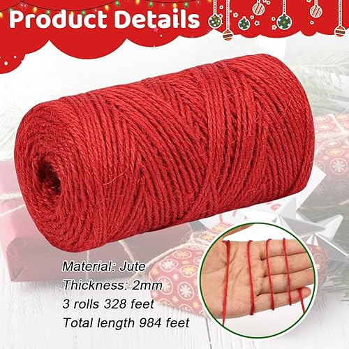 Miniatura 2 de Vivifying - Cuerda de Navidad de 328 pies x 3 rollos, 2 mm, color rojo, verde, marrón, de yute, para envolver regalos y manualidades DIY, cuerda