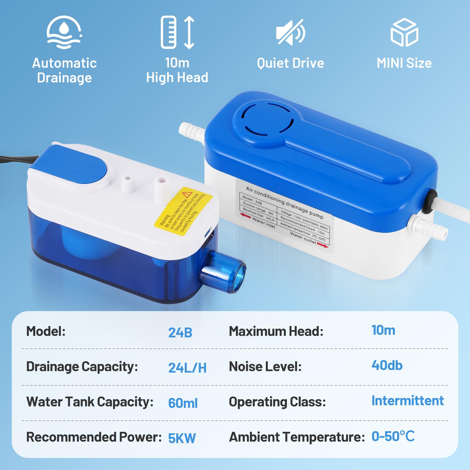 BAOSHISHAN Pompa a condensa da 24 l/h Mini pompa a condensa con capacità d'acqua da 60 ml, per aria condizionata da 5 kw