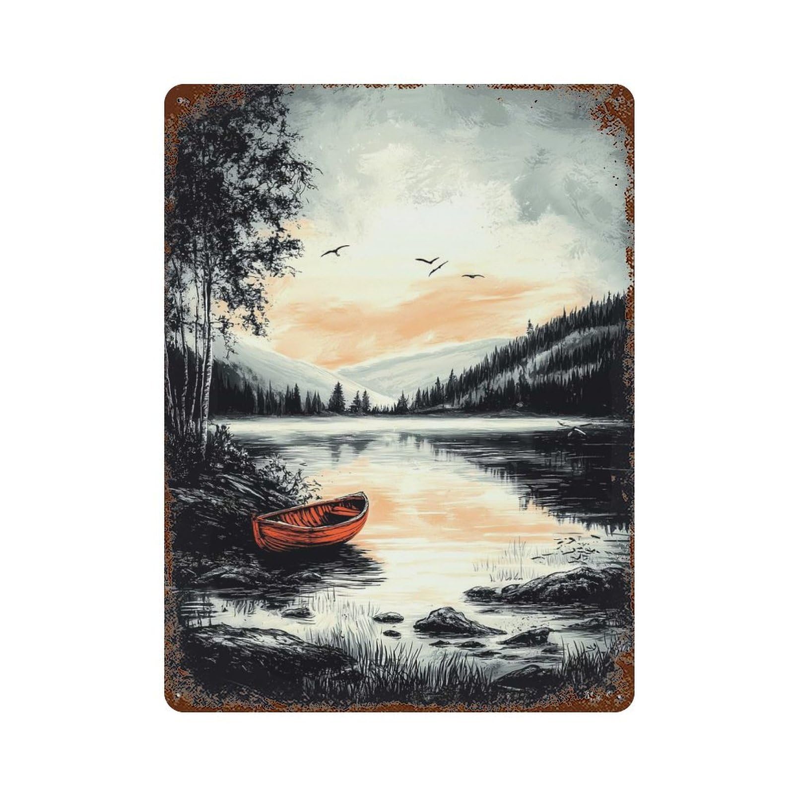 Vintage Tranquil Lake – Serene Nature Escape Rustic Tin Plaque 15.7"x11.8", Farmhouse Wall Decor for Shed, Workshop And Garage Wall Decor
