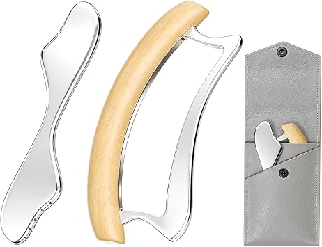 Muscle Scraper Tool, 2 in 1 Stainless Steel Gua Sha Tool for Body with Wooden Handle, Muscle Scraper Scraping Massage Tools for Physical Therapy, Fascia Scrapers for Back Legs Arms Shoulder