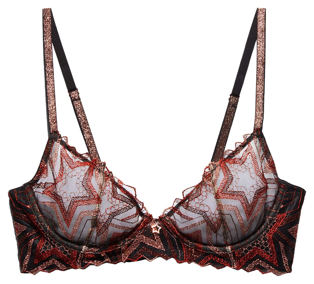 Savage X Fenty womens Savage X Fenty, Women's, Shining Star Embroidered Unlined Demi Bra, Henna Red Starstruck Embroidery Bra