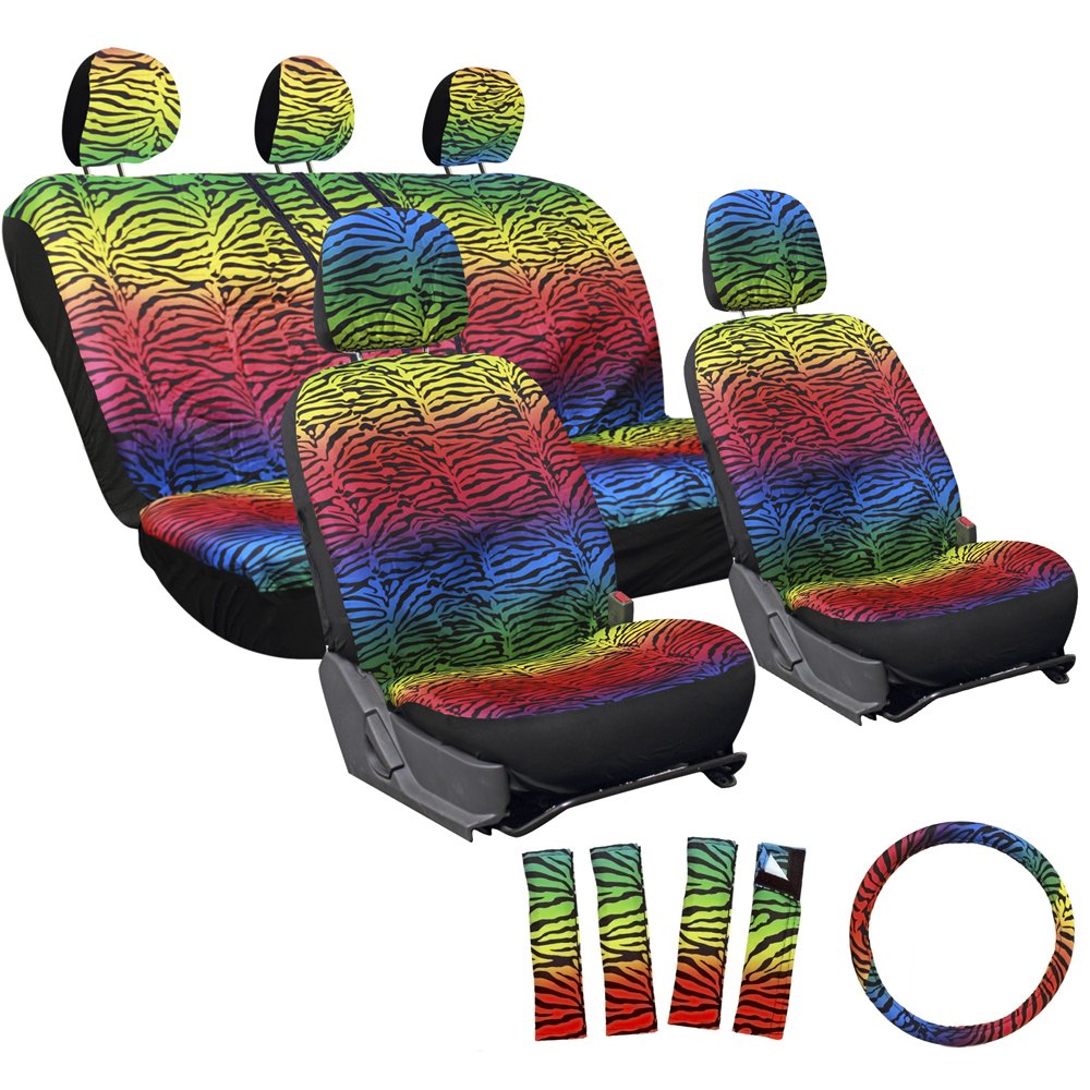OxGord 17pc Set Zebra Animal Print Auto Seat Covers Set - Front Low Back Buckets - Rear Split Bench - Rainbow