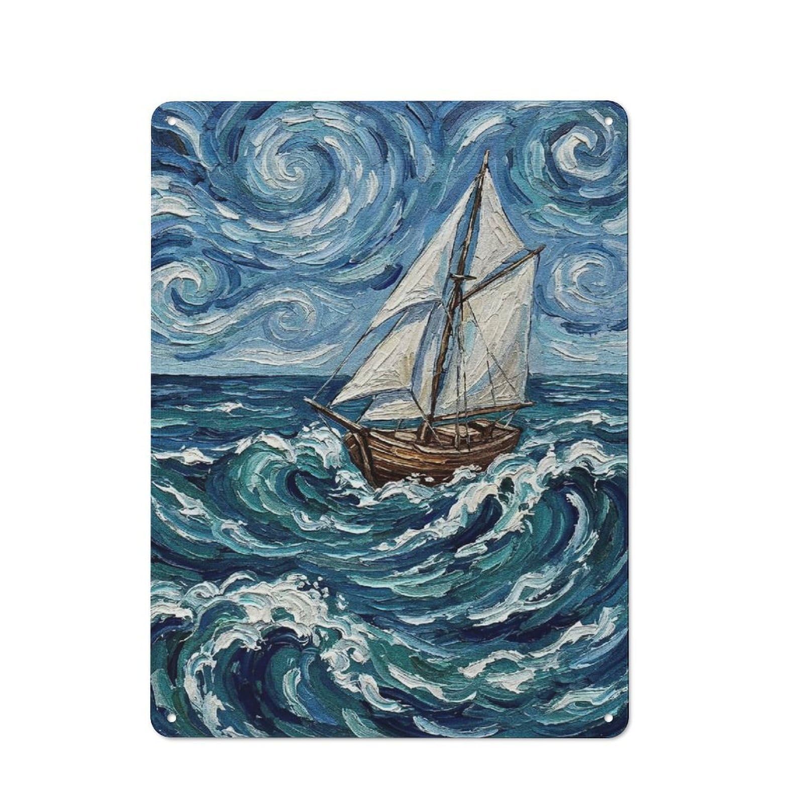 Junmoney Style Metal Wall Sign 40X30cm Featuring Sailboat On A Stormy Sea Painting For Hallway Wall, For Vintage Wall Decor Fans, For Cafés, Pubs And Restaurants