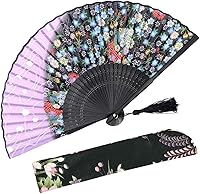 Vista 8 de OMyTea Abanico plegable de mano para mujeres, estilo retro vintage chino/japonés, con una funda de tela para protección (Little Sakura)