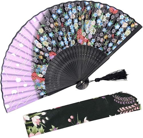 Miniatura 8 de OMyTea Abanico plegable de mano para mujeres, estilo retro vintage chino/japonés, con una funda de tela para protección (Little Sakura)