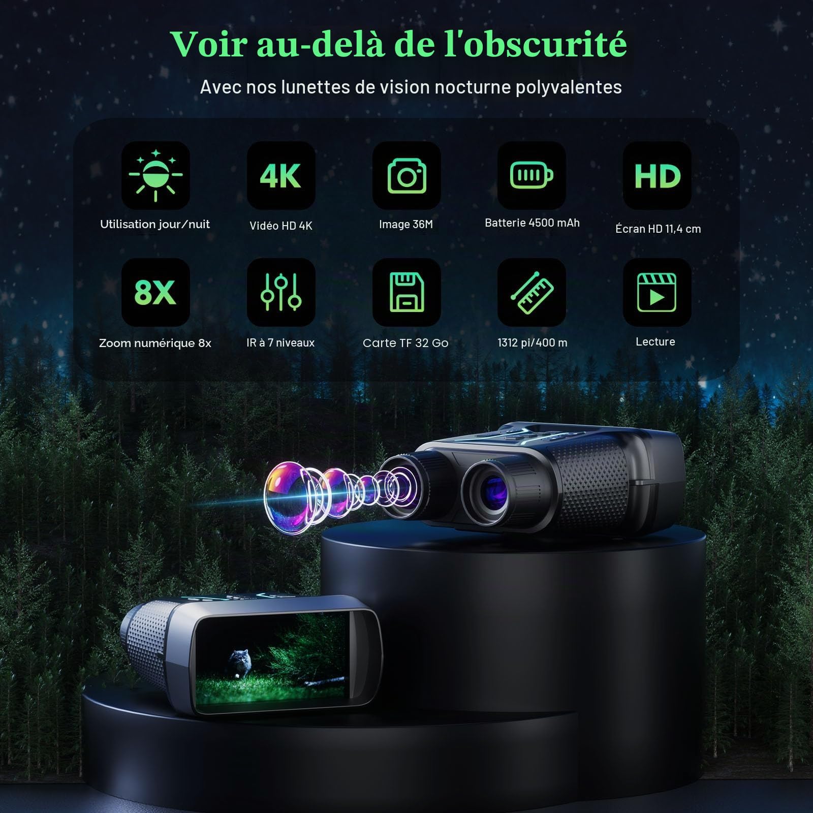 Lunettes de Vision Nocturne, Vidéo 4K UHD & Jumelles de Vision Nocturne Infrarouge 36MP avec Écran de 4,5″, Batterie Rechargeable 4500mAh, Carte TF 32GB, Zoom Numérique 8X pour le Camping (Noir