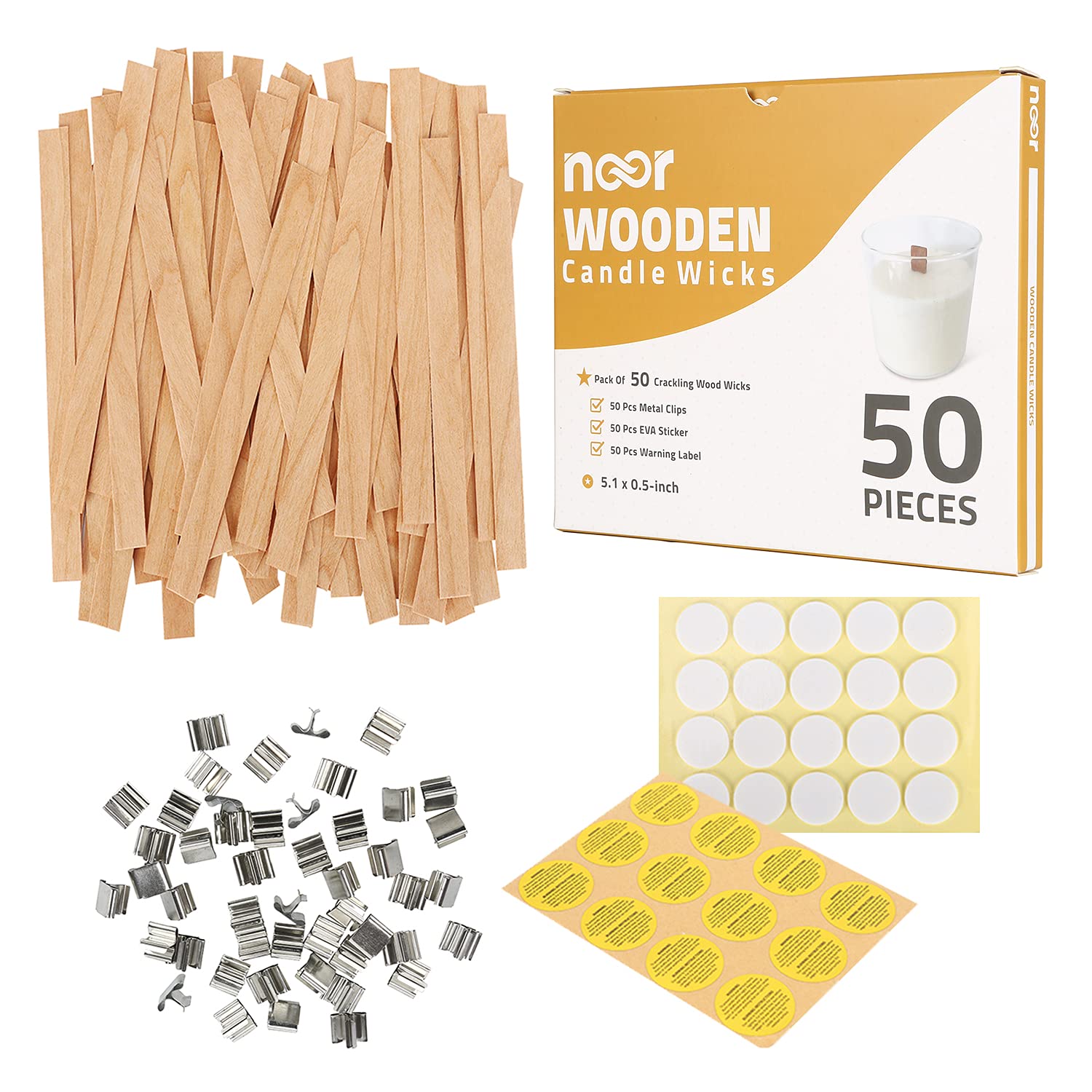 NOORCrackling Wooden Wicks for Candles - Pack of 50 Pcs 5.1 x 0.5 inch Wood Wicks with Metal Sustainers, EVA Stickers and Warning Labels - Eco-Friendly Wooden Candle Wick