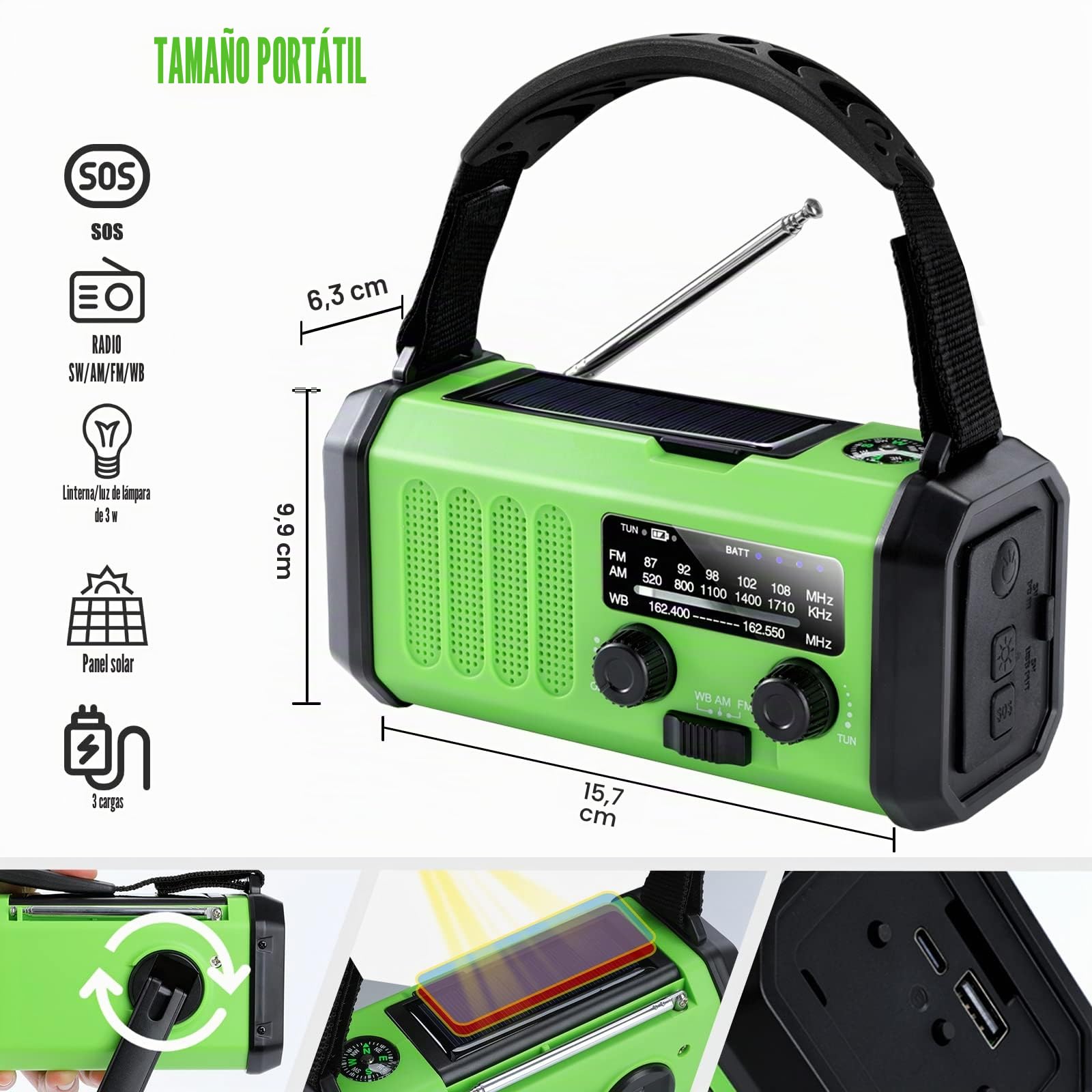 Leaton Radio de emergencia de manivela, 10000 mAh, funciona con energía solar, radio meteorológica NOAA/AM/FM con linterna LED multifunción y cargador de teléfono celular para emergencias en