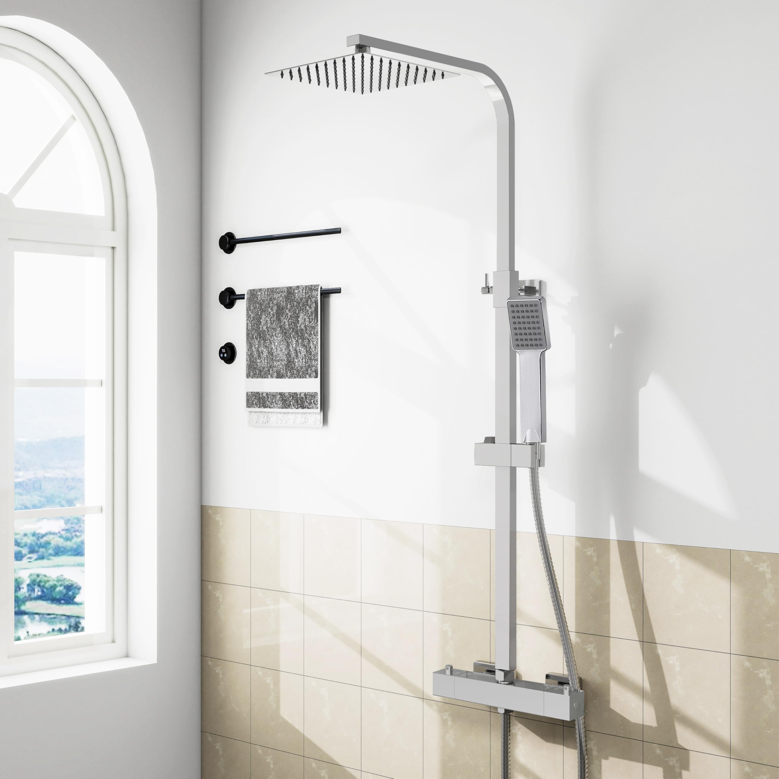 Sline Sanitary Sliver Thermostatic Mixer Shower Set, Square Bathroom Thermostat Shower System With Adjustable Height 8" Overhead Rainfall Shower Head And Handheld Shower