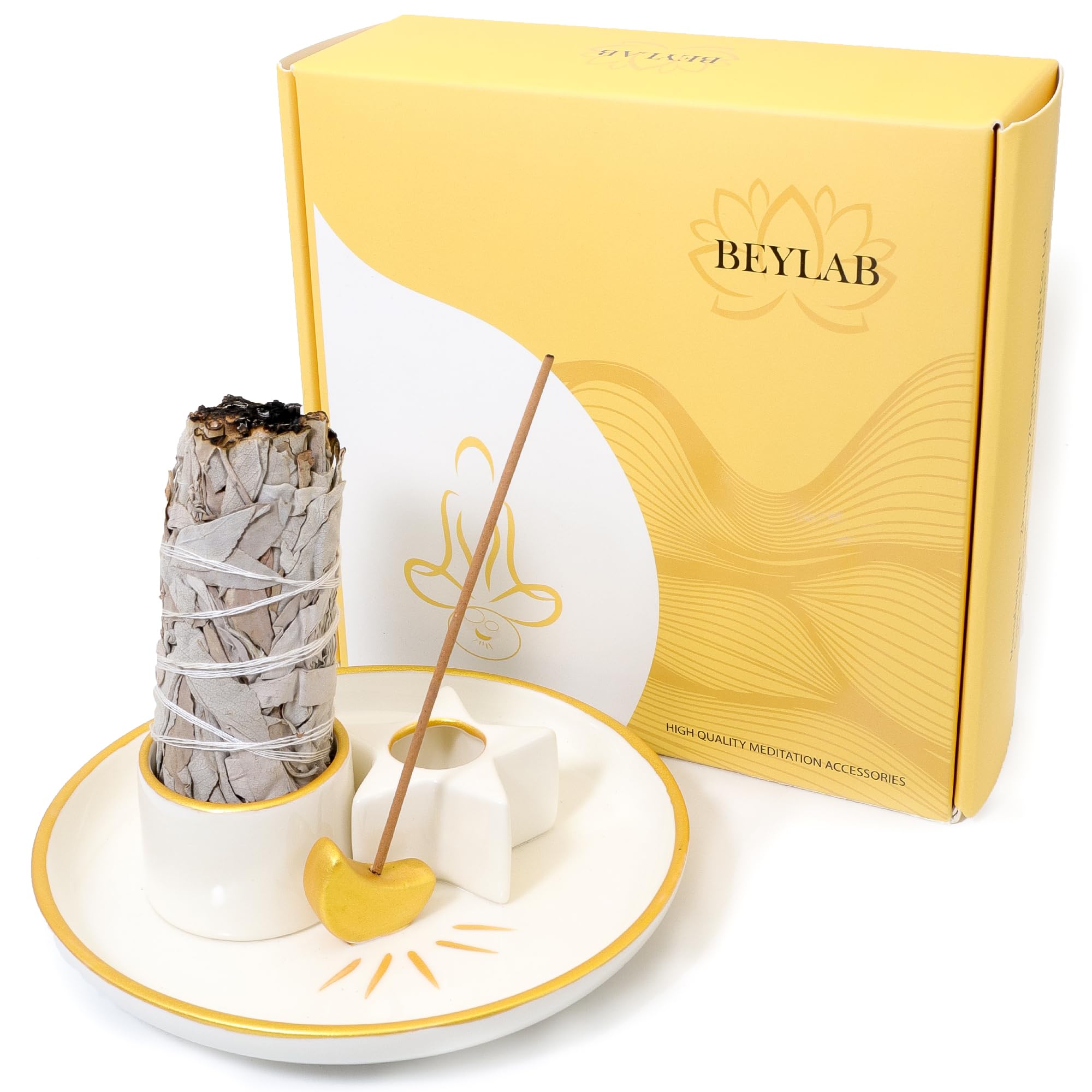 BEYLAB 4 in 1 Incense Burner Holder moon, Palo Santo Holder, Sage Holder for Burning, Incense Holder for Sticks, Smudge bowl, 5.9 inches Ceramic Ash Catcher Tray for Meditation Yoga Room (Star)