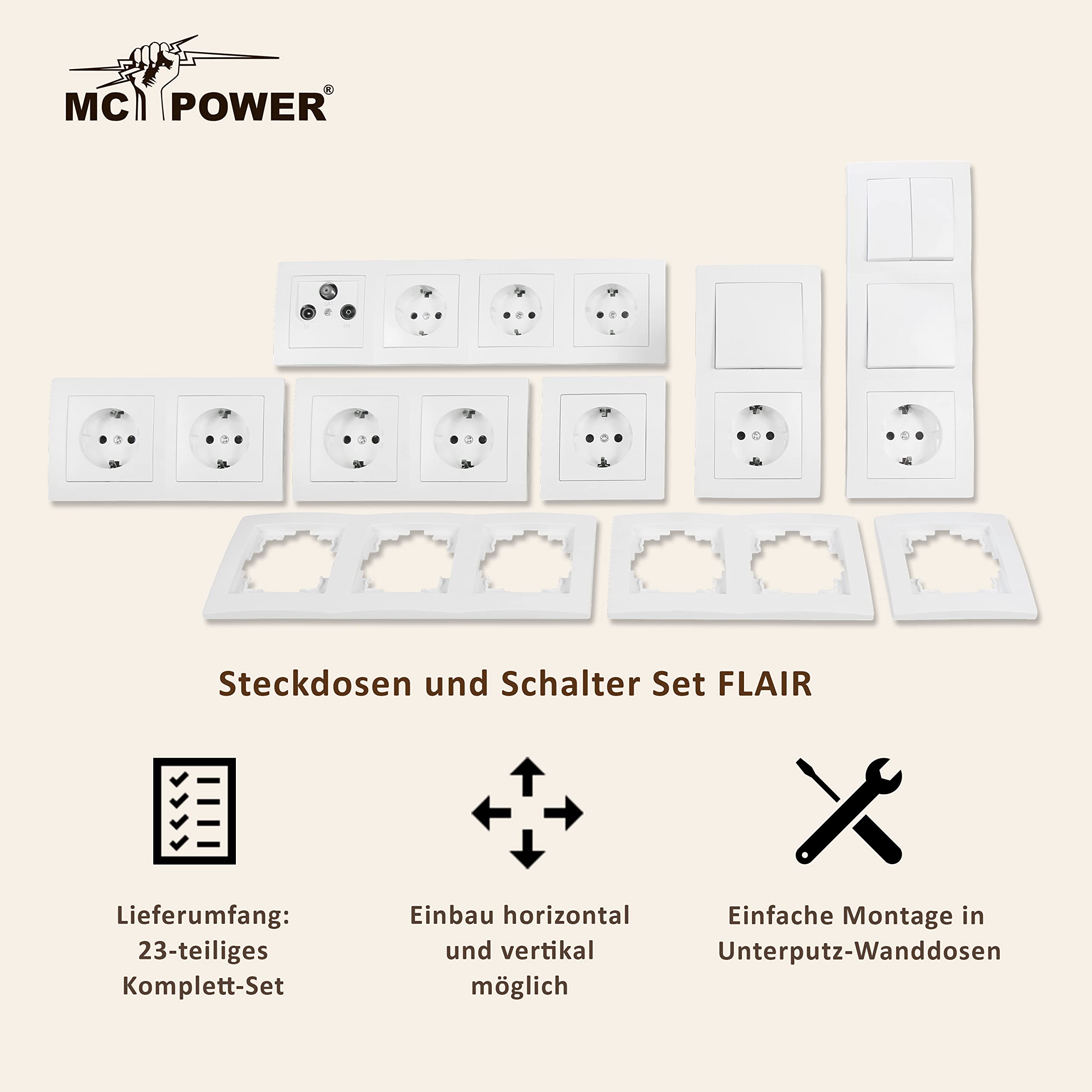 MC POWER - FLAIR - Steckdosen-Set und Schalter-Set I Komfort I 23-teilig I Serien-Schalter, Antennendose, Schutzkontakt-Steckdose, Rahmen 1fach 2fach 3fach 4fach weiß, matt