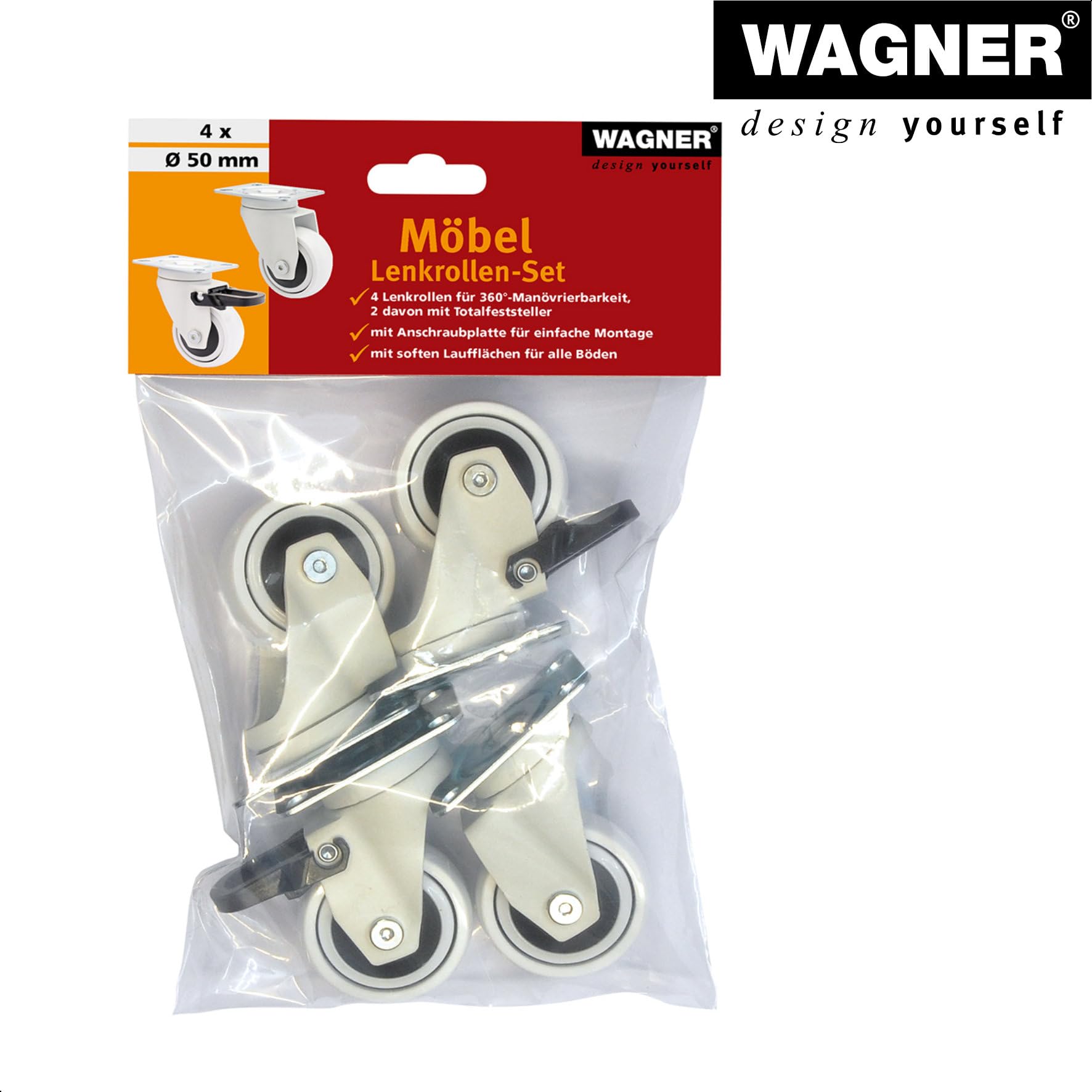 Wagner Design — 3C — kółka skrętne/rolki do aparatów/kółka meblowe 4-częściowy zestaw — biały, miękka powierzchnia, średnica 50 mm, 2 rolki bez i 2 z blokadą, łożyska kulkowe, nośność 50 kg /