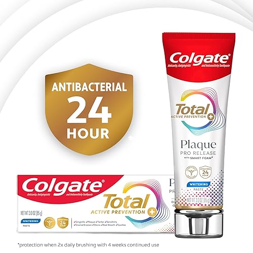 Miniatura 5 de Colgate Total Plaque Pro Release - Paquete de pasta dental blanqueadora con flúor, combate la placa, el mal aliento, la acumulación de sarro y ayuda
