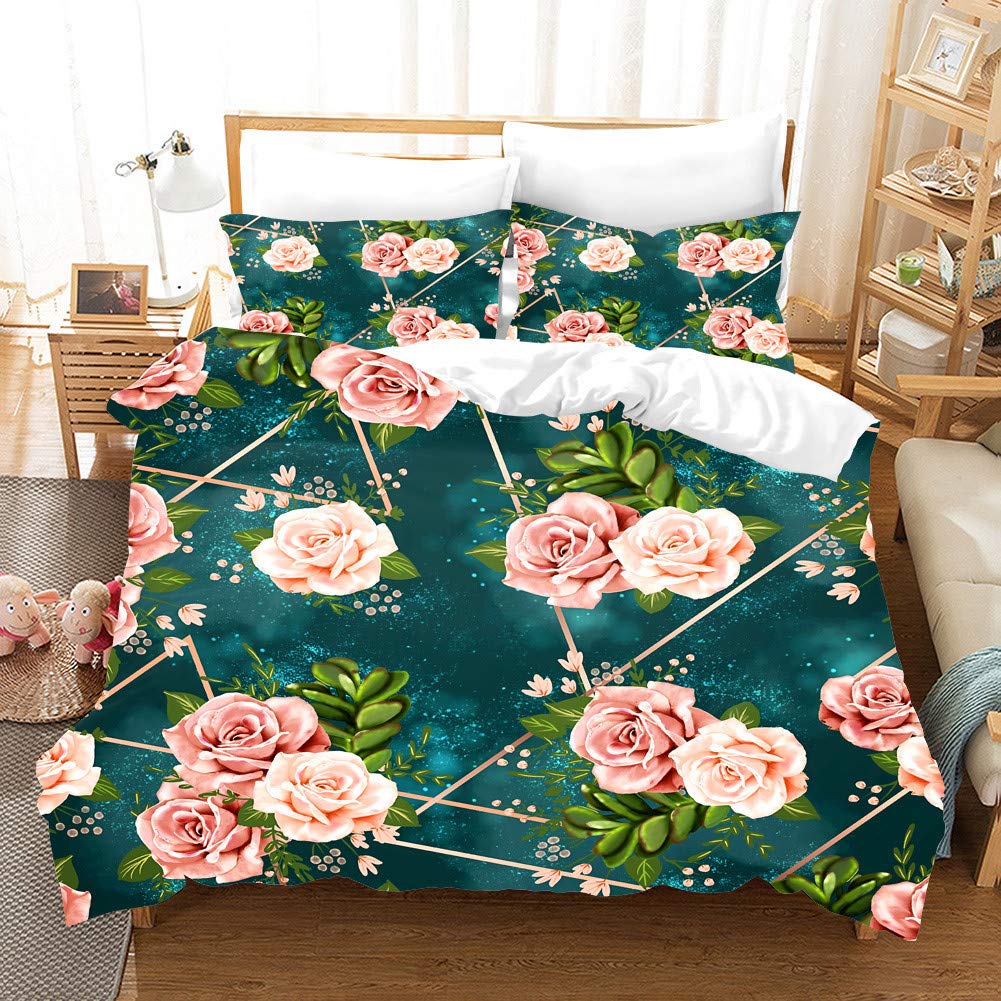 Set Copripiumino Matrimoniale Con Federe Stampa Floreale Rosa 3D - Microfibra Morbida Antisbiadimento
