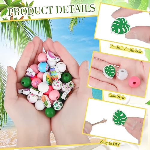 Miniatura 5 de 200 cuentas de madera artesanales para manualidades, impresión de hoja de flamenco, cuentas redondas de madera rosa, cuentas coloridas pulidas,