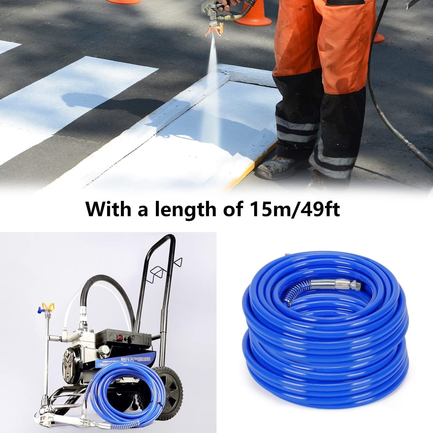 Tuyau pulvérisateur de peinture sans air de 15 m - Tuyau universel en fibre haute pression - Tuyau de pulvérisation pour pistolet pulvérisateur - Bleu eau