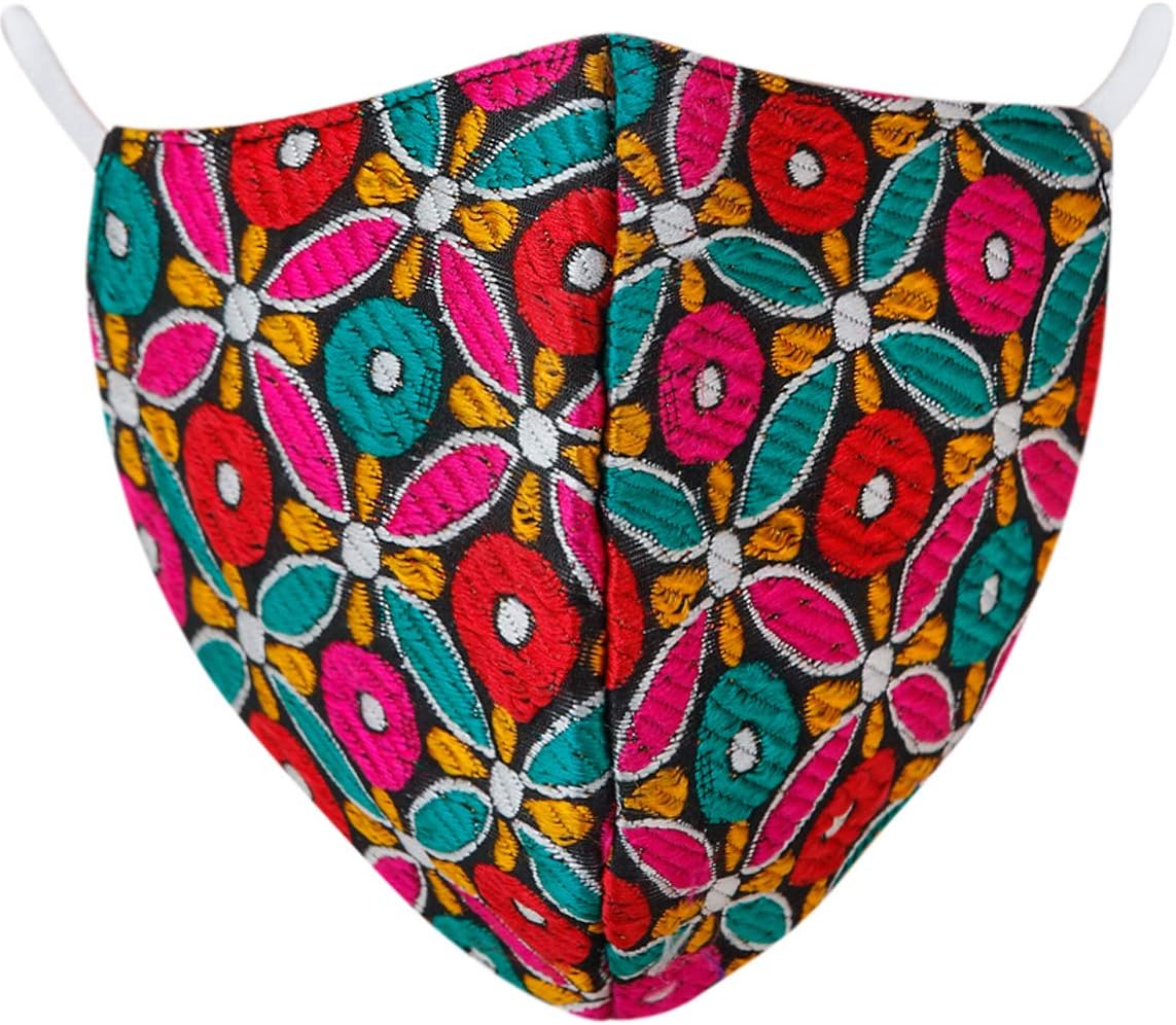 Exotic India Multi-Color Floral Art Silk Two Ply Fashion Mask from Jaipu - Black
