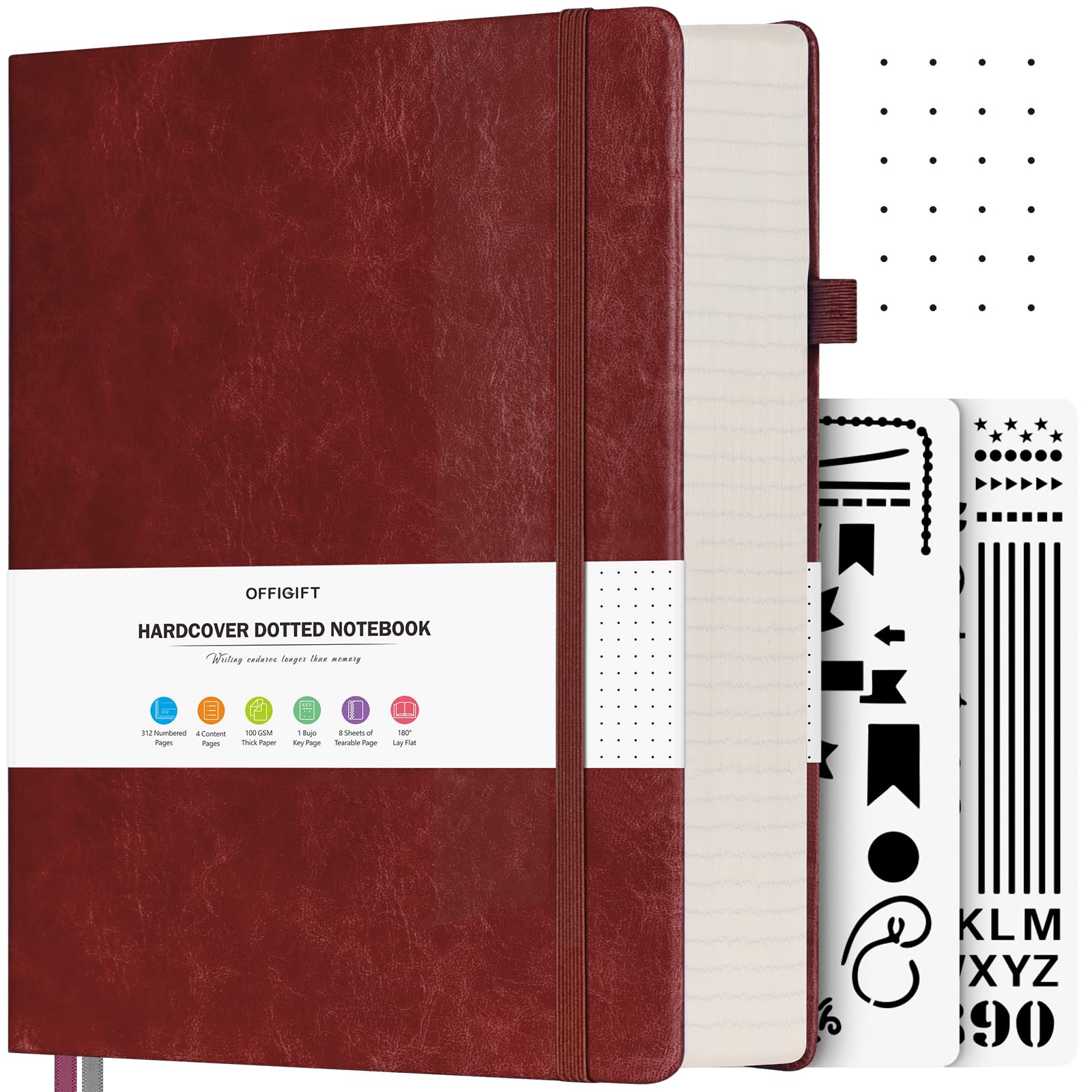 OFFIGIFT Dotted Notebook A4, 312 Numbered Pages Hardback Leather Notebook, 100gsm No Bleed Paper Dot Grid Notebook with Index Pages, Dotted Journal for Bullet Journaling, 21.6 x 28.3cm, Burgundy