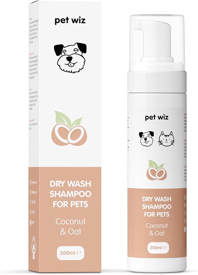 Trockenwasch - Shampoo für Haustiere - Beruhigend & Desodorierend, Natürliche Inhaltsstoffe, Schnell Trocknend & Kein Ausspülen Erforderlich (Kokosnuss und Haferflocken)